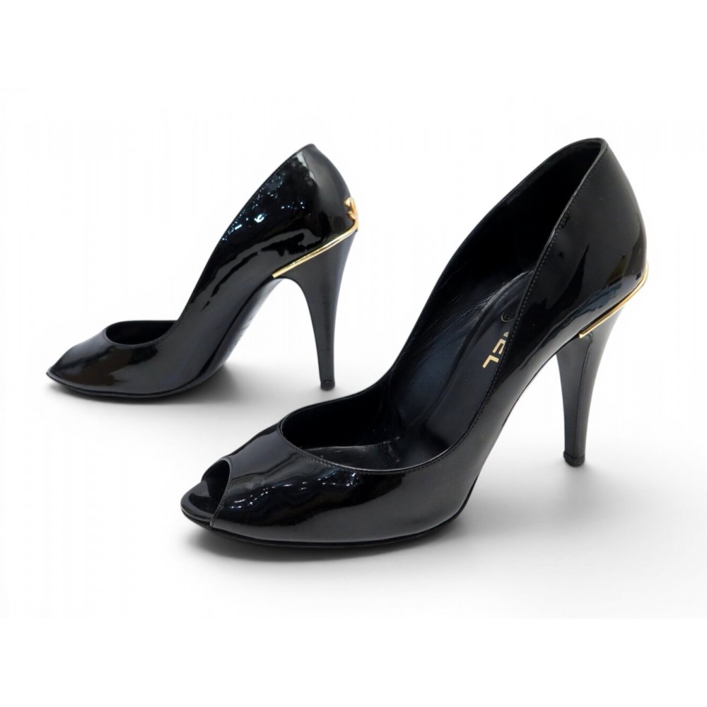 CHAUSSURES CHANEL ESCARPINS LOGO CC G25879 39 EN CUIR VERNIS NOIR SHOES 1100€