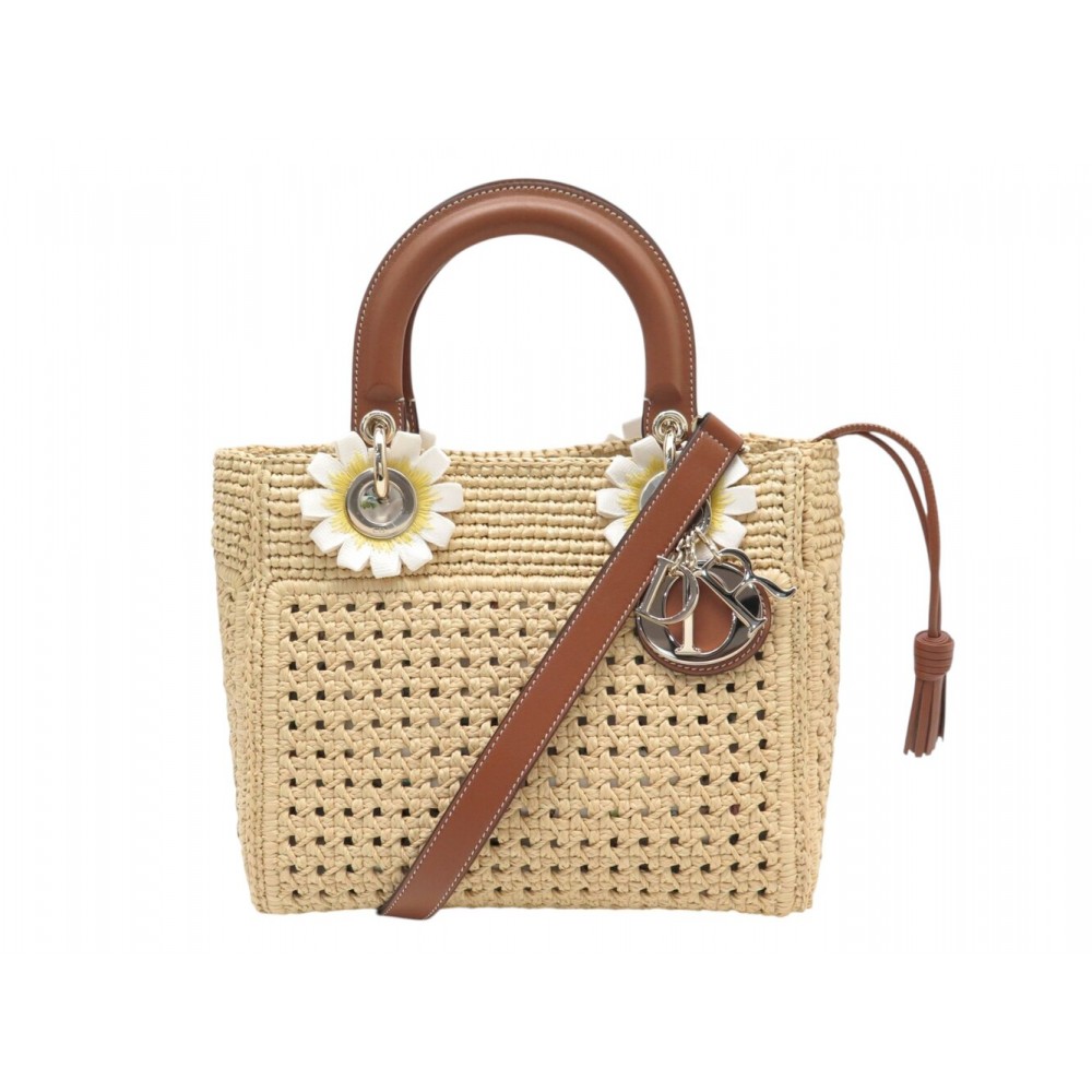NEUF SAC A MAIN CHRISTIAN DIOR LADY M EN RAPHIA & FLEURS BANDOULIERE BAG 5900€