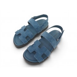 NEUF CHAUSSURES HERMES SANDALES GENIUS H242158Z CHEVRE VELOURS BLEU SHOES 830€