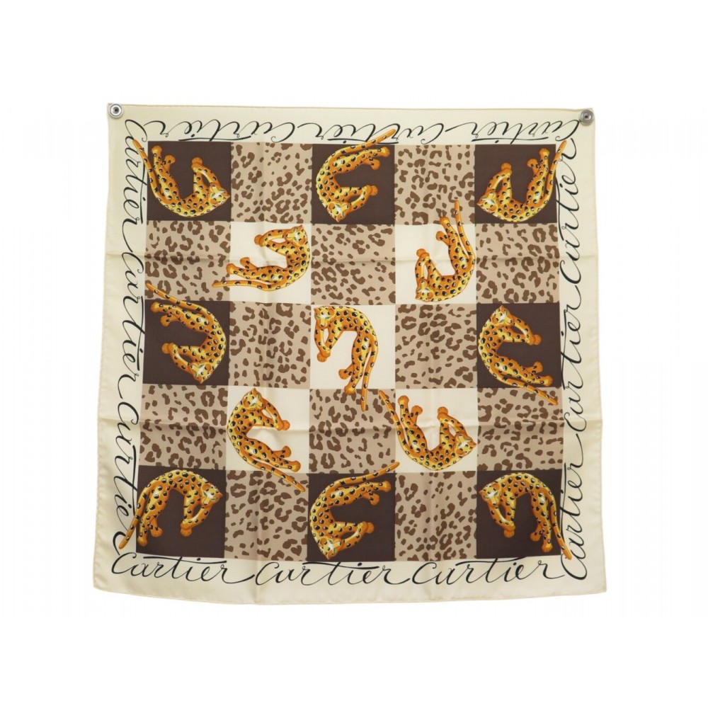 NEUF FOULARD CARTIER PANTHERE CARRE 70 SOIE MARRON + BOITE BROWN SILK SCARF 440€