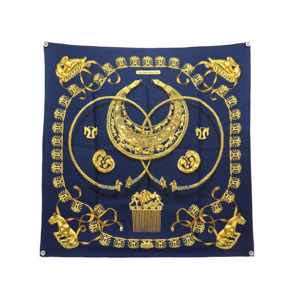 NEUF VINTAGE FOULARD HERMES CAVALIERS D'OR 1ERE EDITION CARRE 90 SOIE SCARF 580€