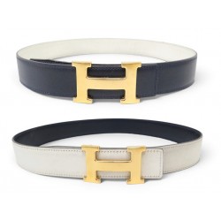 VINTAGE CEINTURE HERMES BOUCLE H 32MM T72 78 CUIR BOX REVERSIBLE BLANC BLEU 815€