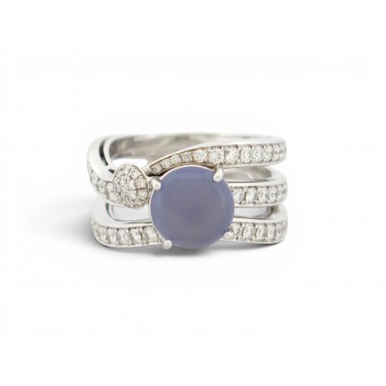BAGUE OMEGA CABOCHON PIERRE DE LUNE & DIAMANTS 1.4CT T62 OR BLANC 18K 22GR RING