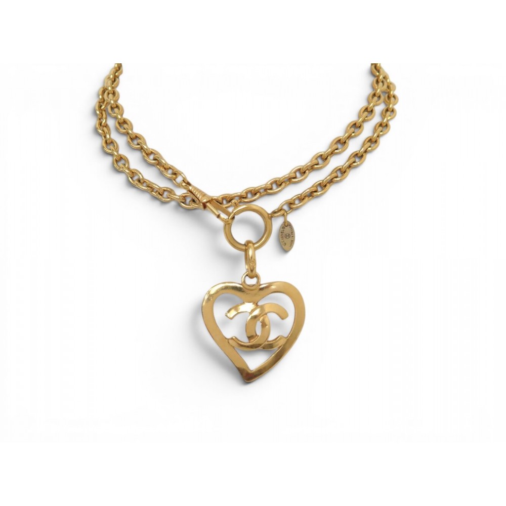 VINTAGE COLLIER CHANEL SAUTOIR PENDENTIF COEUR LOGO CC 72CM METAL DORE NECKLACE
