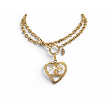 VINTAGE COLLIER CHANEL SAUTOIR PENDENTIF COEUR LOGO CC 72CM METAL DORE NECKLACE