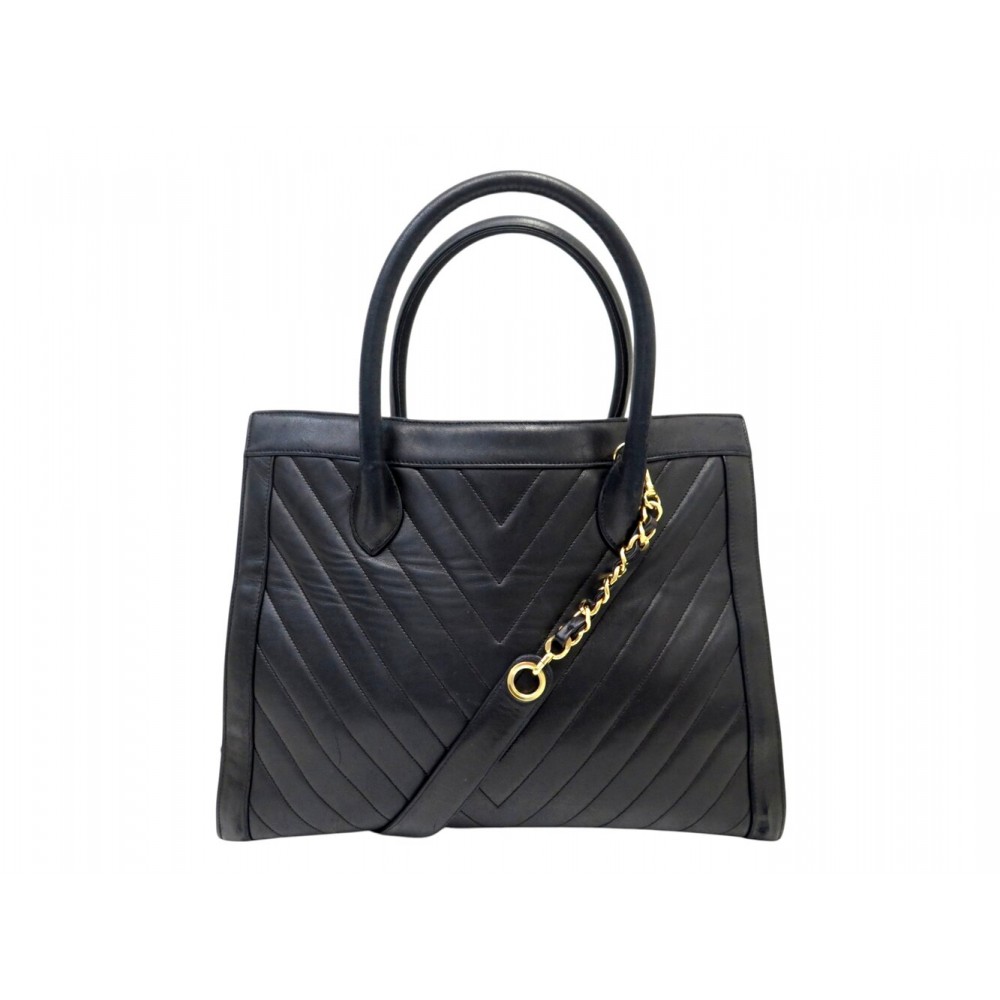 VINTAGE SAC A MAIN CHANEL CABAS SHOPPING 2 WAY EN CUIR CHEVRON TOTE BAG 6500€