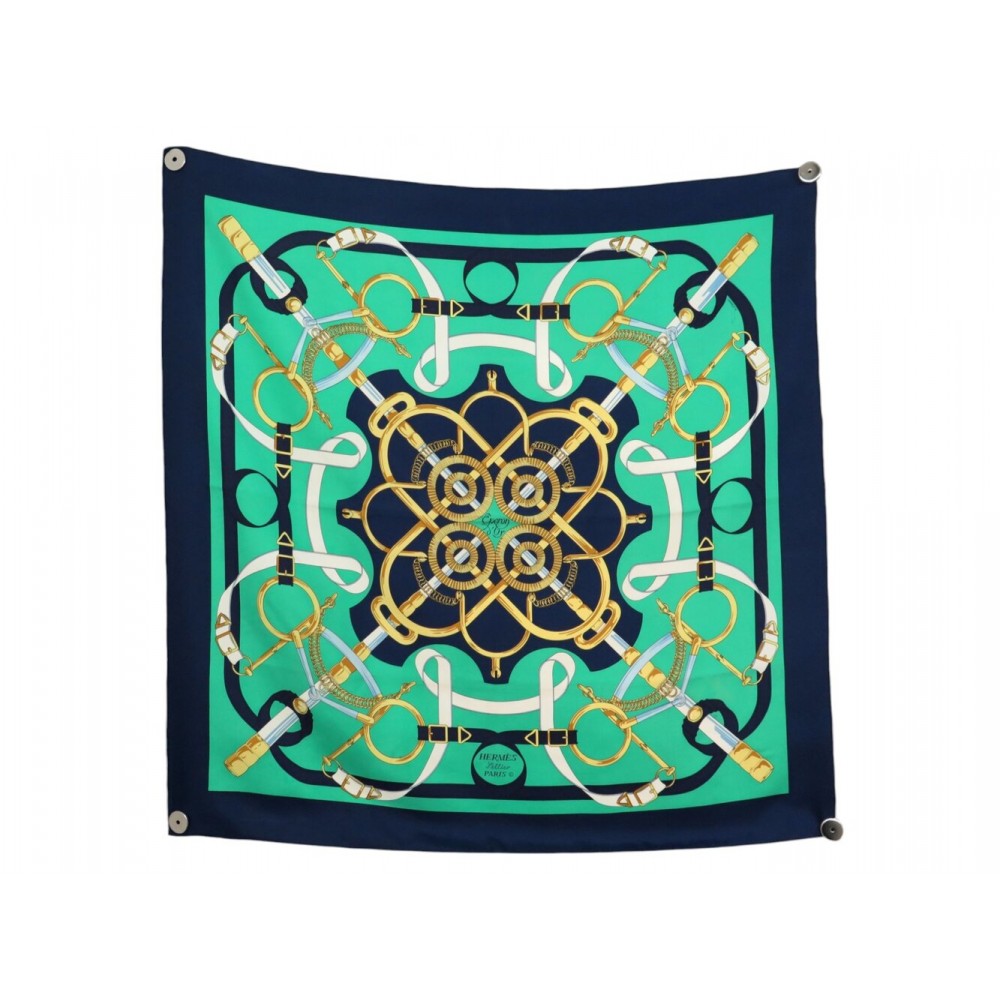 VINTAGE FOULARD HERMES EPERONS D'OR HENRI D'ORIGNY CARRE SOIE VERT SCARF 580€