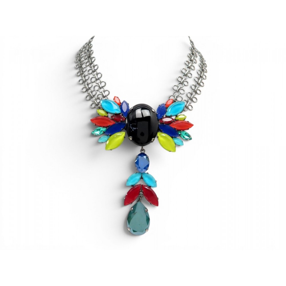 NEUF COLLIER PHILIPPE FERRANDIS PIERRES MULTICOLORES 45CM METAL ARGENTE NECKLACE