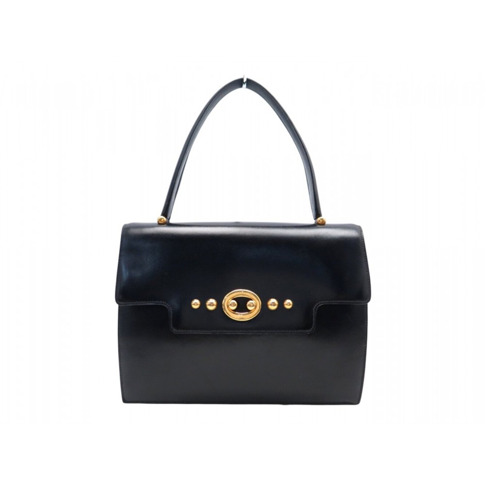 VINTAGE SAC A MAIN HERMES BOUTONNIERE EN CUIR BOX NOIR BLACK LEATHER BAG PURSE
