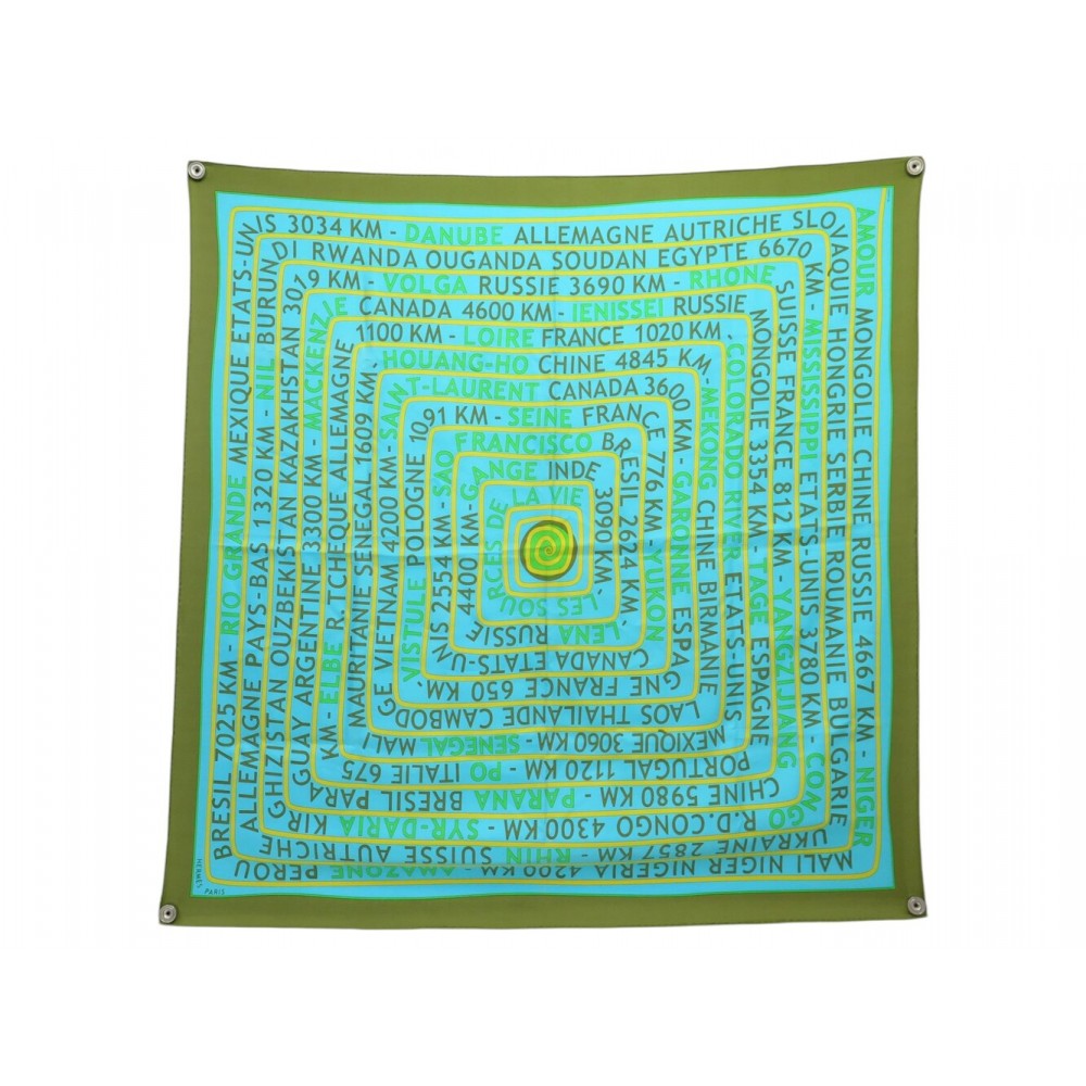 NEUF FOULARD HERMES LES SOURCES DE LA VIE RAWYLER CARRE 90 SOIE VERT SCARF 580€