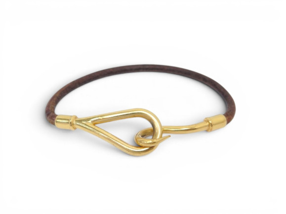 bracelet hermes jumbo cuir marron metal dore 17.5 cm