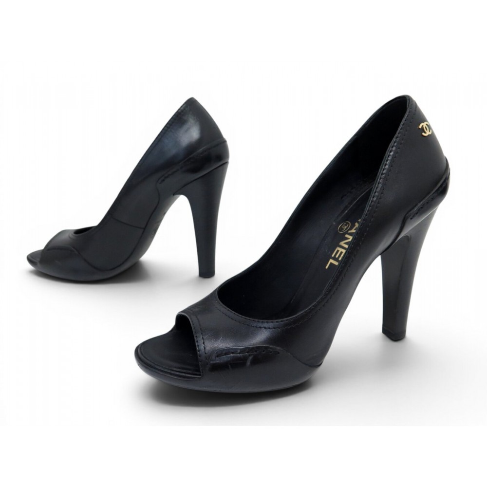 CHAUSSURES CHANEL ESCARPINS G29862 38 CUIR NOIR BLACK LEATHER PUMP SHOES 1200€