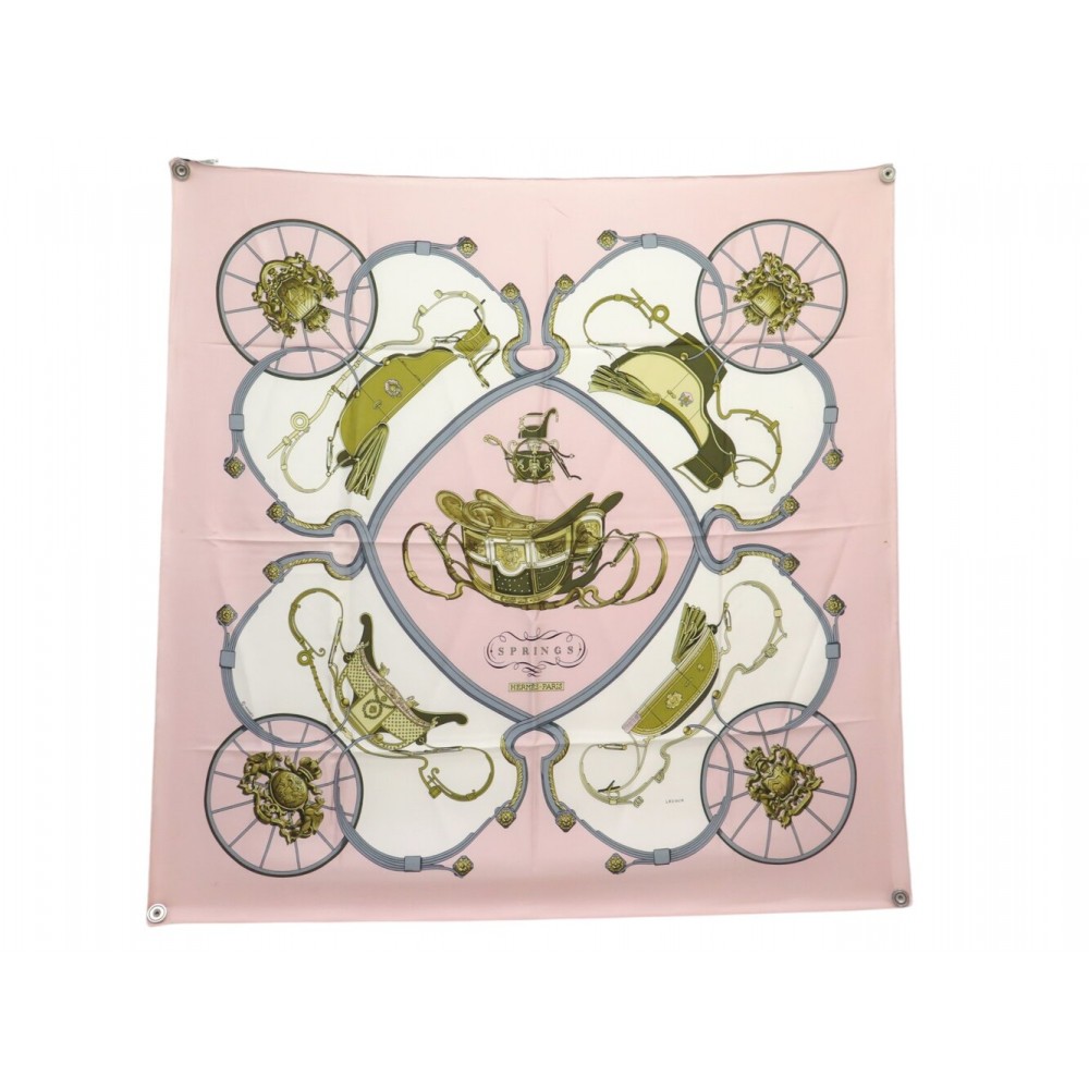 FOULARD HERMES SPRINGS PHILIPPE LEDOUX CARRE 90 SOIE ROSE PINK SILK SCARF 580€