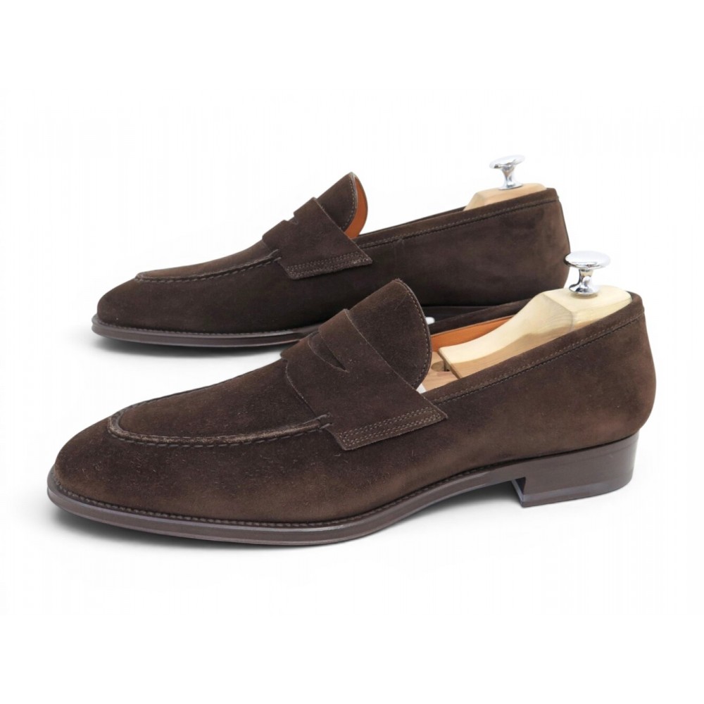 NEUF CHAUSSURES SANTONI MOCASSINS 6949 8.5 IT 43.5 FR EN DAIM LOAFERS SHOES 890€