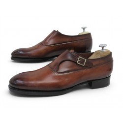NEUF CHAUSSURES SANTONI MOCASSINS A BOUCLE 8.5 43.5 FR CUIR PATINE SHOES 1090€