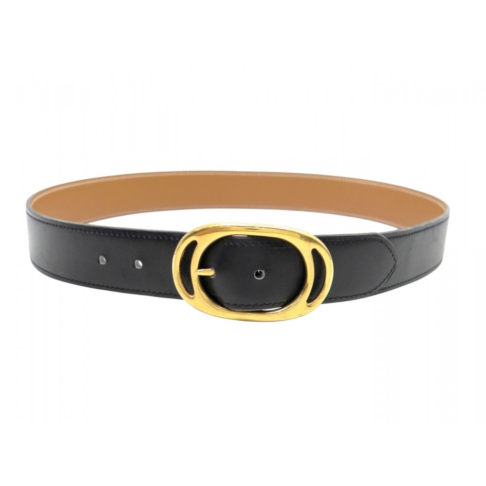 VINTAGE CEINTURE HERMES T75 BOUCLE OVALE METAL DORE CUIR NOIR LEATHER BELT 695€