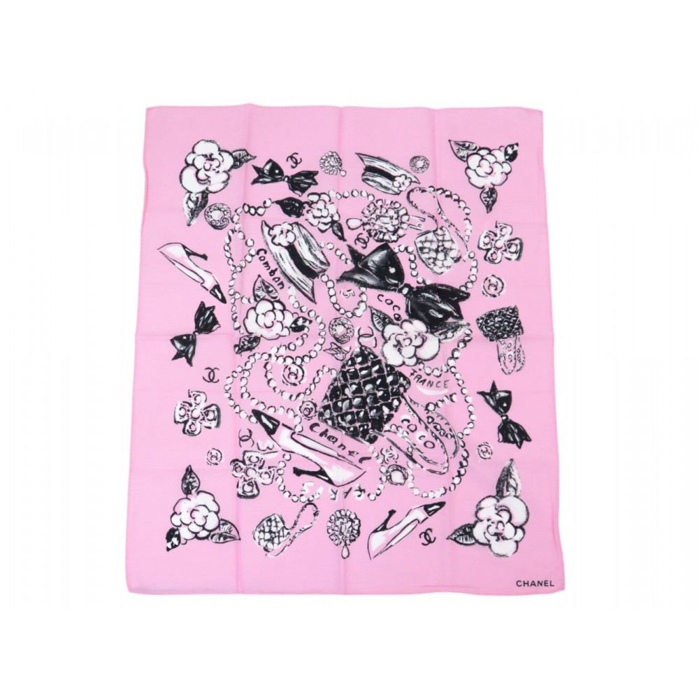 NEUF FOULARD CHANEL MOTIF LOGO CC CAMELIA SAC P01773V02365 1993 COTON ROSE SCARF