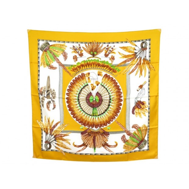 FOULARD HERMES BRAZIL LAURENCE BOURTHOUMIEUX CARRE EN SOIE JAUNE SILK SCARF 350€