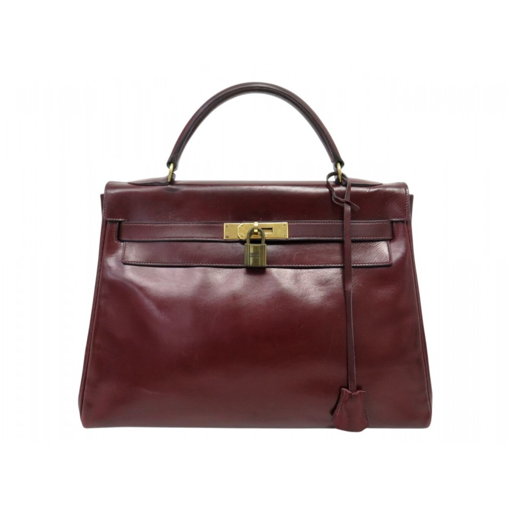 VINTAGE SAC A MAIN HERMES KELLY 32 RETOURNE CUIR BOX BORDEAUX 1959 HANDBAG PURSE