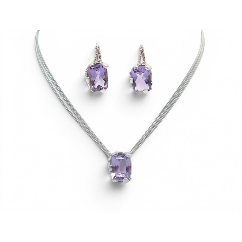 NEUF PARURE COLLIER & BOUCLES D'OREILLES CHRISTIAN LACROIX AMETHYSTE EN ARGENT