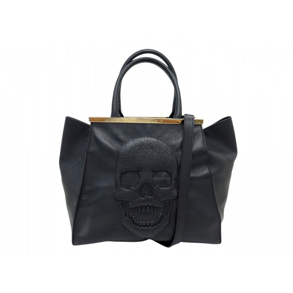 SAC A MAIN PHILIPP PLEIN CABAS SKULL CUIR GRAINE NOIR BANDOULIERE HAND BAG 1500€