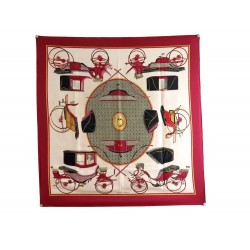 VINTAGE FOULARD HERMES LES VOITURES A TRANSFORMATION CARRE SOIE ROUGE SCARF 350€