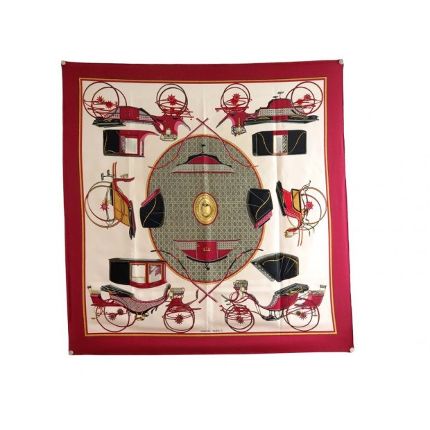 VINTAGE FOULARD HERMES LES VOITURES A TRANSFORMATION CARRE SOIE ROUGE SCARF 350€