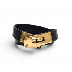 BRACELET HERMES KELLY DOUBLE TOUR H068438CC89T3 16CM CUIR NOIR DORE BANGLE 655€