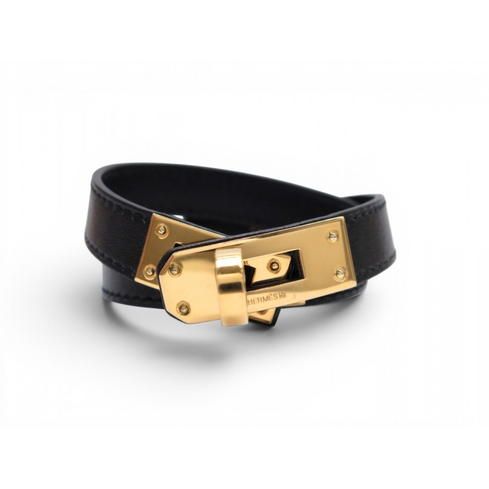 BRACELET HERMES KELLY DOUBLE TOUR H068438CC89T3 16CM CUIR NOIR DORE BANGLE 655€
