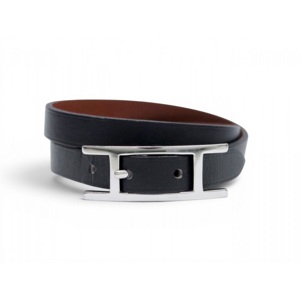 NEUF BRACELET HERMES BEHAPI DOUBLE TOUR XS 15-16 CM CUIR SWIFT NOIR BANGLE 410€