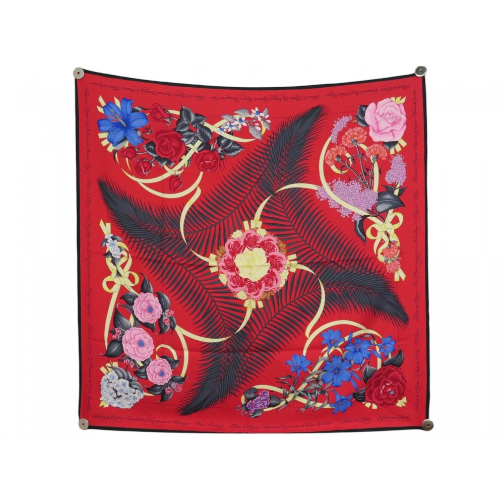 NEUF FOULARD HERMES FLEURS DE L'OPERA JULIA ABADIE CARRE 90 SOIE ROUGE CARF 580€