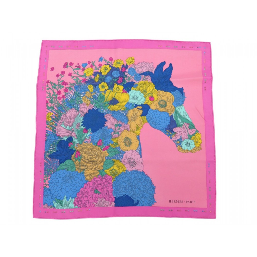 FOULARD HERMES GAVROCHE CARRE ROBE LEGERE BRODE SOIE ROSE EMBROIDERED SCARF 535€