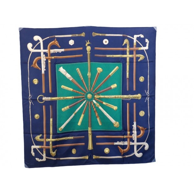 FOULARD HERMES CANNES ET POMMEAUX PERRIERE CARRE EN SOIE BLEU SILK SCARF 345€