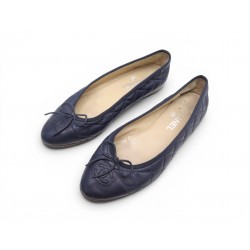 CHAUSSURES CHANEL BALLERINES CAMBON 39 LOGO CC G26250 CUIR MATELASSE BLEU 1150€