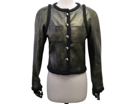 veste blouson chanel en cuir d'agneau liseret en tweed