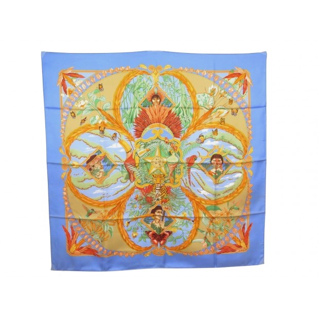 FOULARD HERMES AMAZONIA BOURTHOUMIEUX CARRE EN SOIE BLEU & JAUNE SILK SCARF 350€