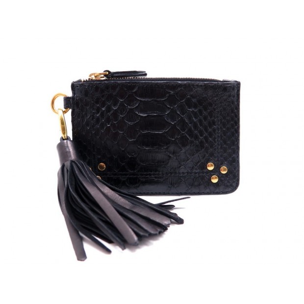 NEUF POCHETTE JEROME DREYFUSS POPOCHE XS POMPOM M PYTHON CUIR NOIR POCKET 240€