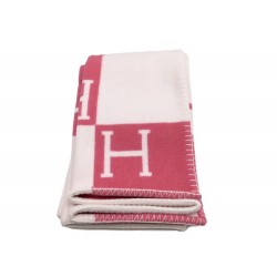 NEUF PLAID HERMES AVALON LOGO H BABY EN LAINE CACHEMIRE ROSE PINK CASHMERE 690€