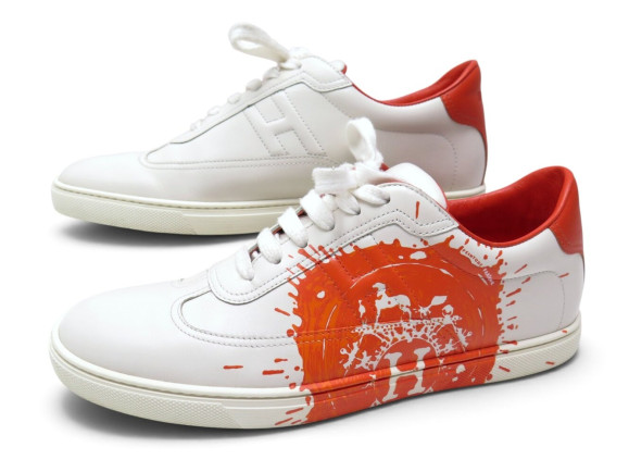 chaussures hermes quicker splash orange blanc cuir