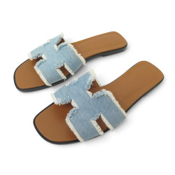 chaussures hermes mules oran en toile denim bleu