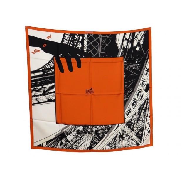 NEUF RARE FOULARD HERMES BOITE AU VOL TOUR EIFFEL EN SOIE ORANGE CARRE SCARF NEW
