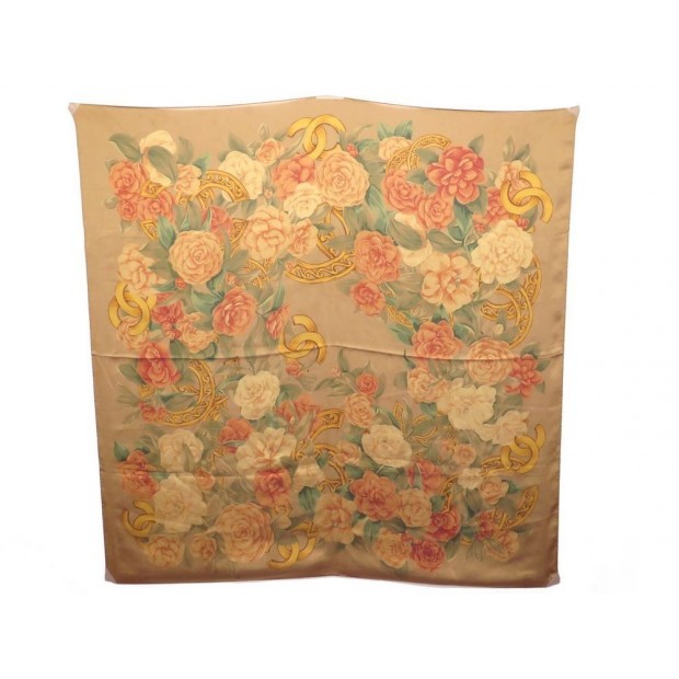 FOULARD CHANEL FLEURS & LOGO CC CARRE 95CM EN SOIE MARRON & ROSE SILK SCARF 380€