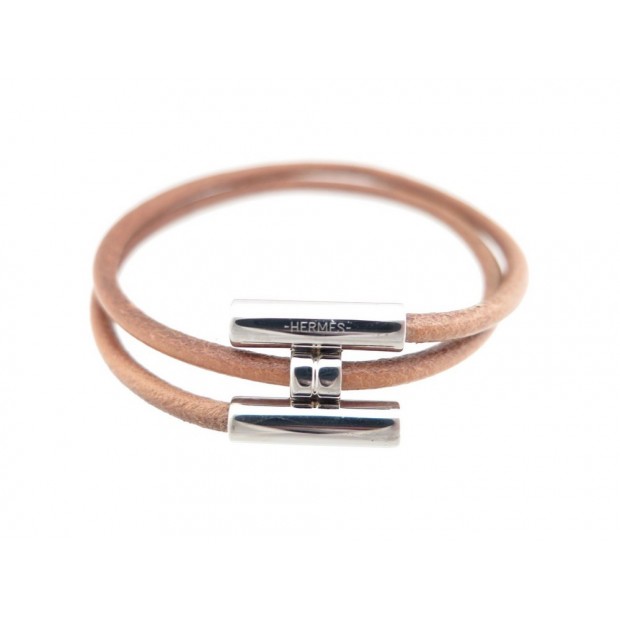 NEUF BRACELET HERMES TOURNIS DOUBLE TOURBILLON CUIR MARRON & H EN ACIER PALLADIE