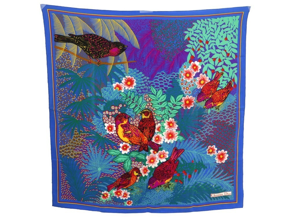 Foulard Vintage En Soie Des Années 50 – Motif Colibri Multicolore – 64x64 Cm, Parfait état
