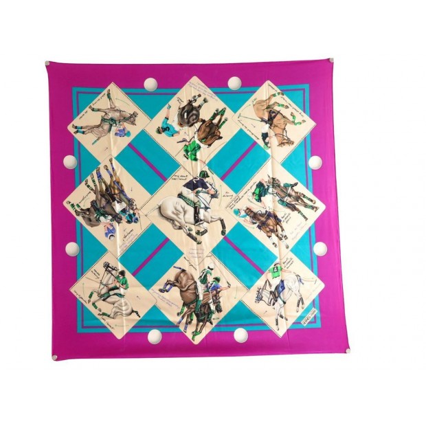 FOULARD HERMES LE MONDE DU POLO DE CRISSEY CARRE EN SOIE FUSHIA BLEU SCARF 350€