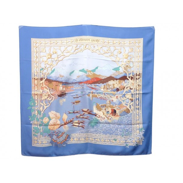 FOULARD HERMES LE FLEUVE SACRE BASCHET CARRE SOIE BLEU + BOITE SILK SCARF 345€