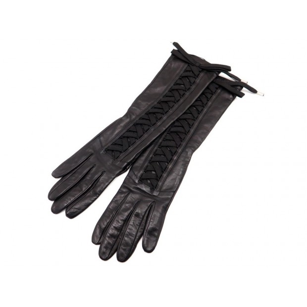 NEUF GANT LONGS A LACETS CHRISTIAN DIOR T 6.5 EN CUIR NOIR LEATHER GLOVES 500€