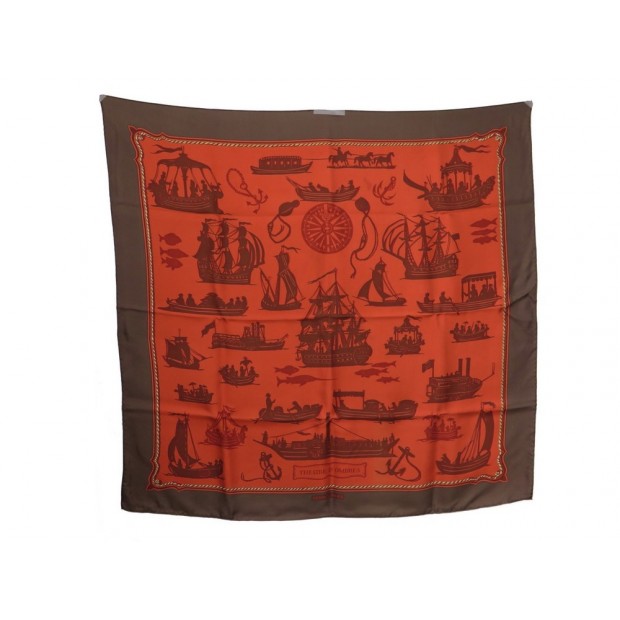 FOULARD HERMES THEATRE D'OMBRES EN SOIE MARRON & ROUGE CARRE 90 SILK SCARF 350€