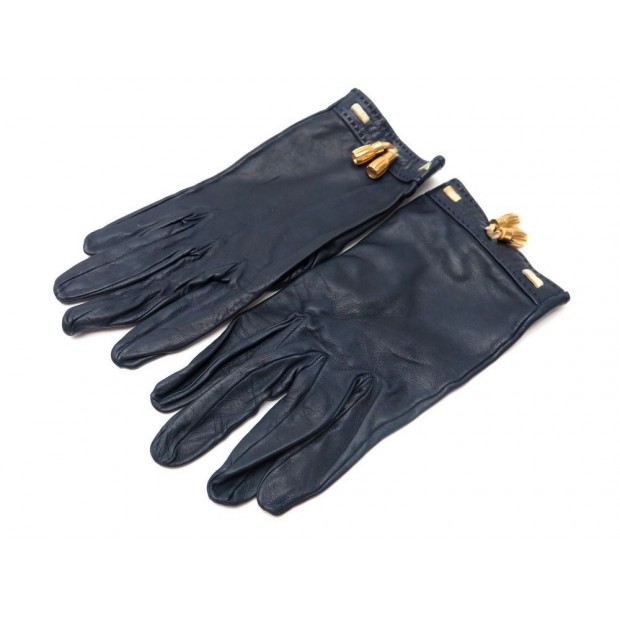 gants hermes pompons dores taille s 6.5 en cuir bleu