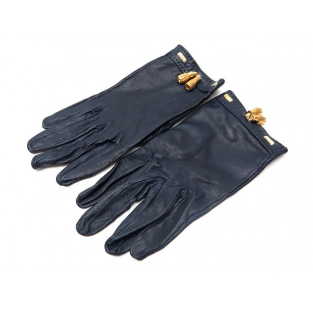 GANTS HERMES POMPONS DORES TAILLE S 6.5 EN CUIR BLEU GLOVES BLUE LEATHER 465€
